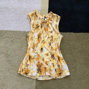 DKNY Floral Yellow Sleeveless Pleated Tie Top